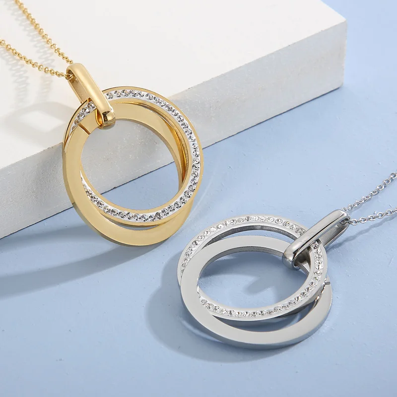 2pcs/set Elegant Shiny Zircon Round Pendant Necklace Drop Earrings for Women Shell Beads Cricle Stainless Steel Jewelry Set Gift