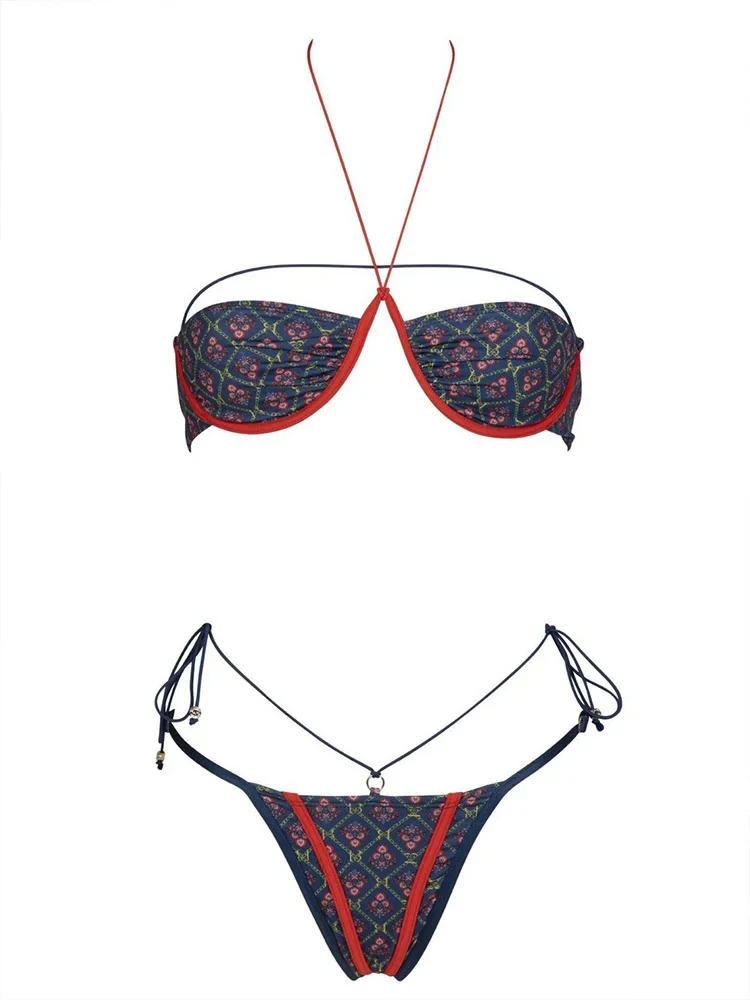 Conjunto de Bikini con cordones y estampado Sexy para mujer, traje de baño dividido de cintura alta, Bikini sin espalda para playa, nuevo traje de baño de verano 2025, conjunto de Bikini