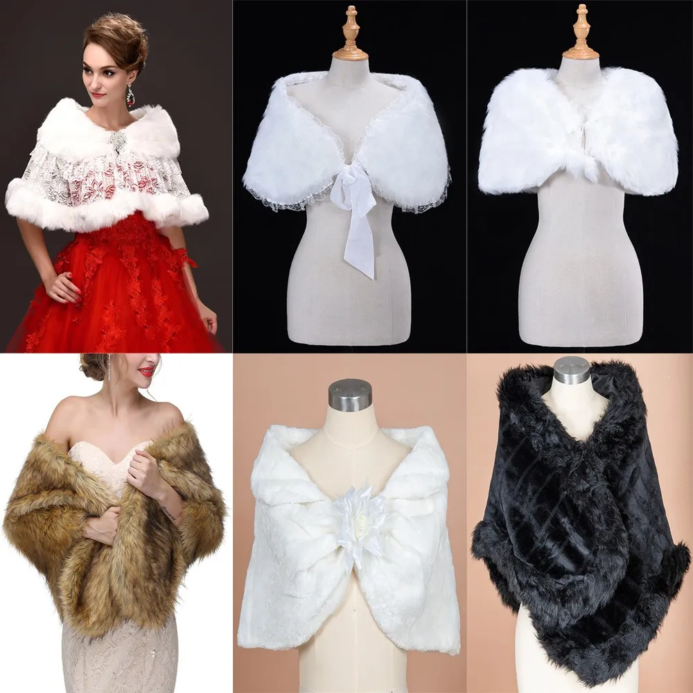 White Ivory Women Bridal Wrap Bolero Faux Fur Lace Crystal Autumn Winter Dress Shawl Jacket Cape Stole Cloak Wedding Accessories