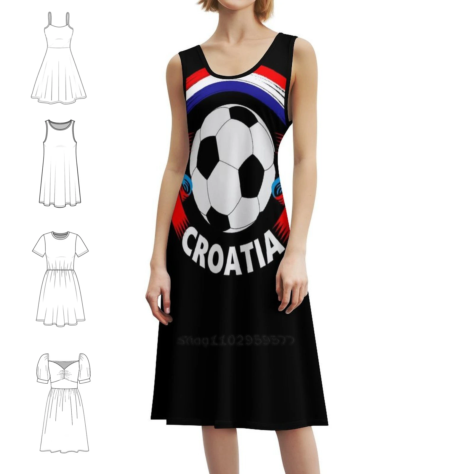 Gaun Kasual Gaya Korea dengan Bendera Penggemar Sepak Bola Kroasia untuk Wanita, Gaun Kantor Sederhana untuk Sehari-hari, Gaun Wanita yang Menunjukkan Kebanggaan Kroasia