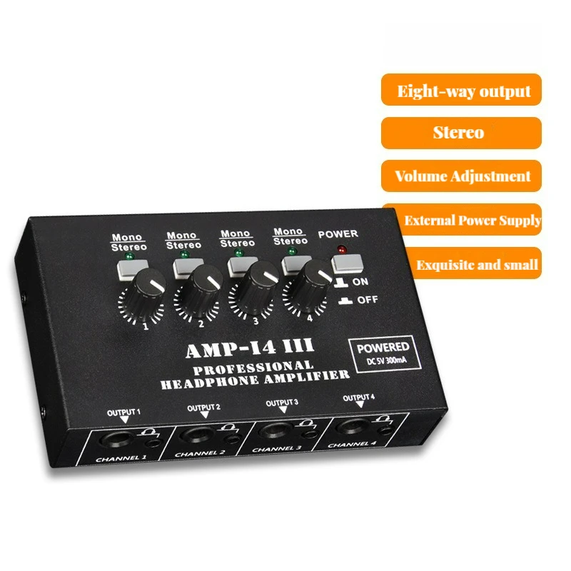 

4-Channel AMP-14 Headphone Amplifier Mono/Stereo Audio SetStereo Headphone Amp with RCA/6.35mm/3.5mm Input Volume Control