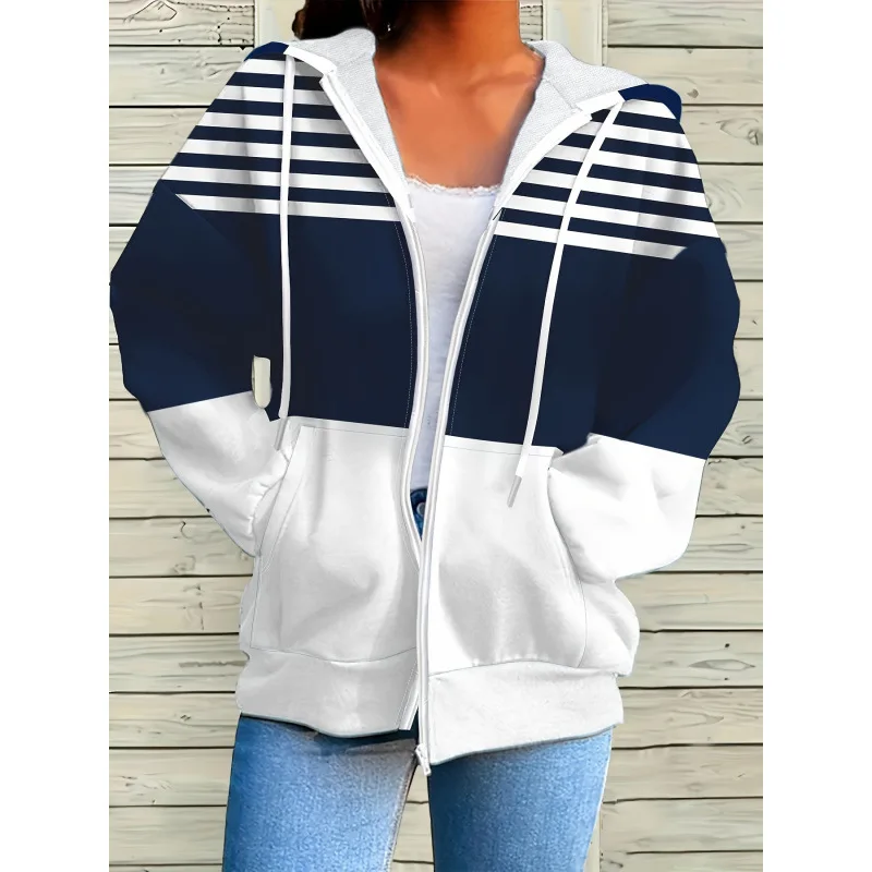 

Loose Floral Stripe Coat Women's plus Size Outerwear Casual Winter Jacket Non-Woven Fabric Pear Shape Body Type