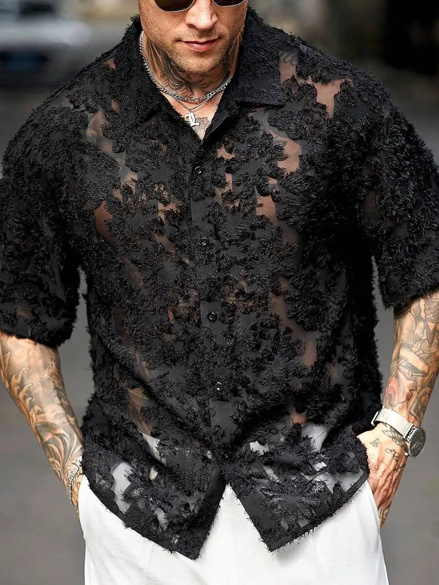 

Men's Black Semi-Sheer Floral Lace Short Sleeve Button-Up Shirt