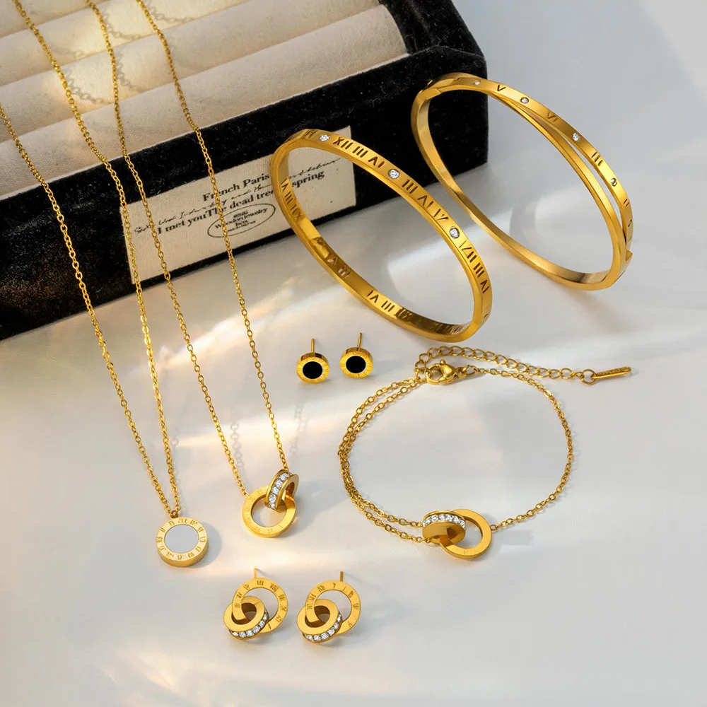 Roman Numeral CZ Jewelry for Women 316L Stainless Steel Gold Plated Bracelet Necklace Earrings Stackable Wedding Party Gift