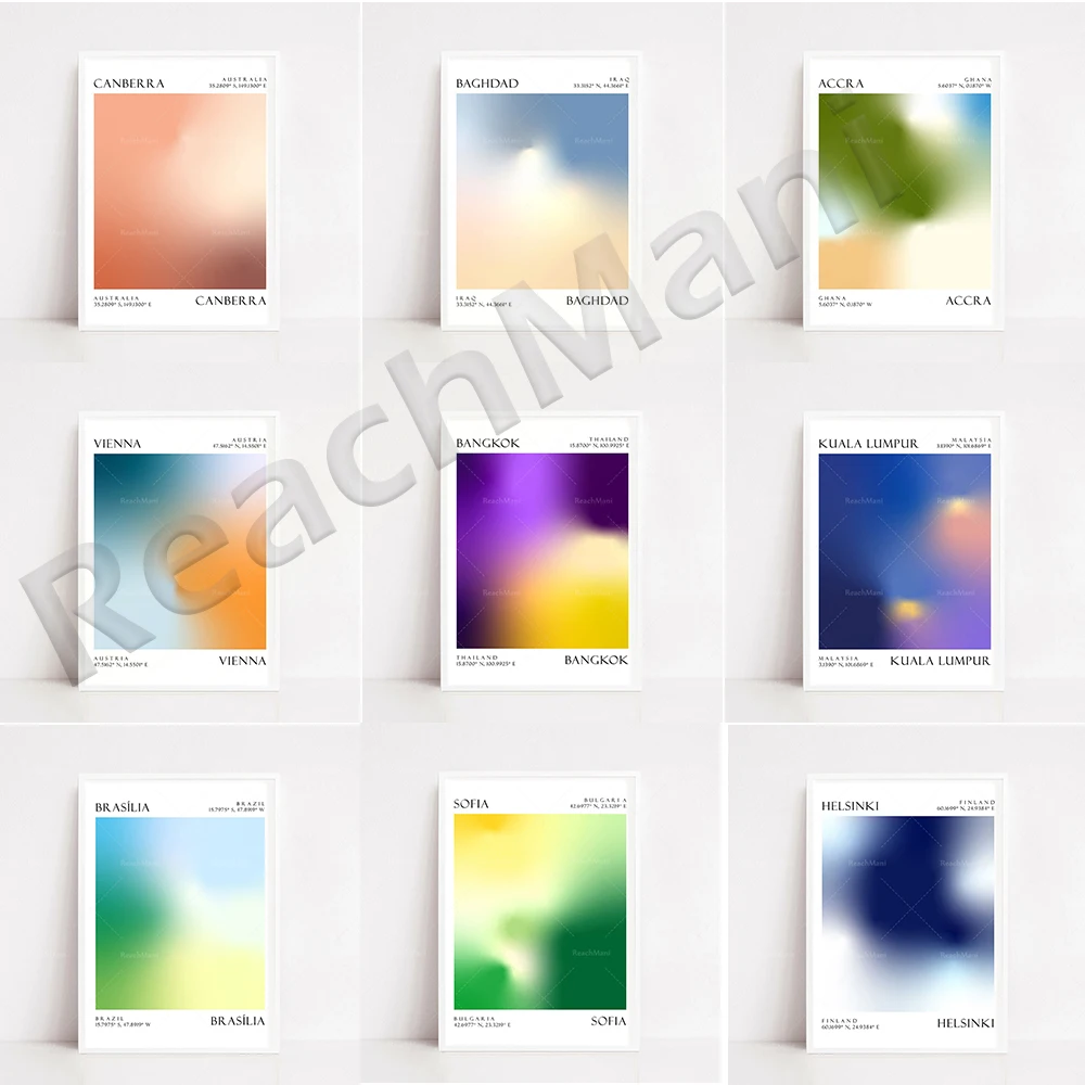 Minimalist gradient travel poster for Helsin, Austria, Accra, Ghana, Israel, Bulgaria, Afghanistan, Iraq, Bangkok, Kuala Lumpur