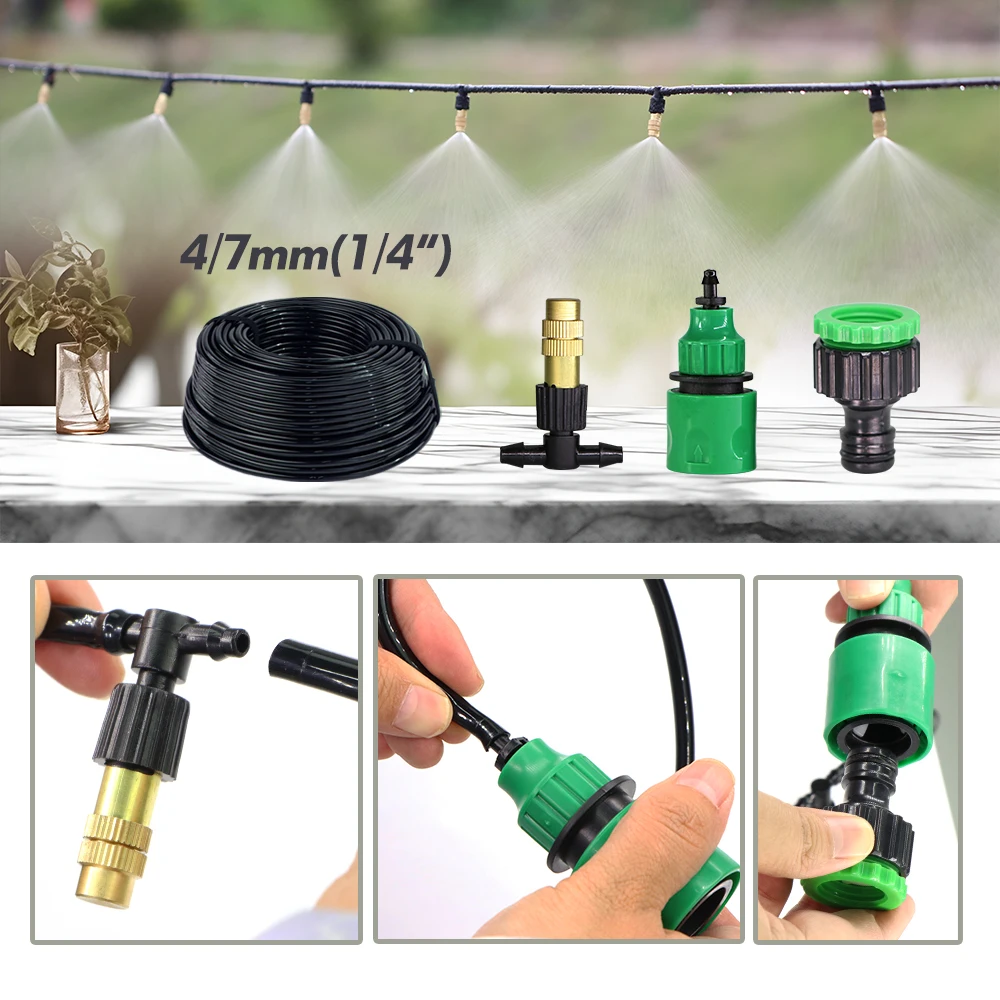 5-30M Garden Brass Misting Cooling System 1/4'' Brass Atomizer Nozzles Outdoor Greenhouse Patio Watering Irrigation 4/7mm Hose