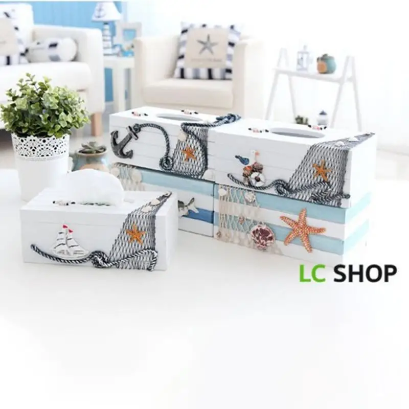 Paper Tissue Box Mediterranean-style Decorative 24cm Wood Board Living Room Decoration Handkerchief Box Marine Restaurant Wooden