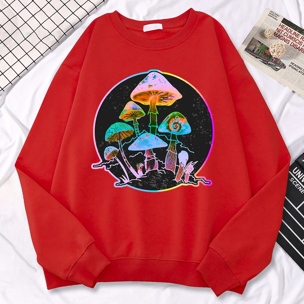 Casualwomen\'S Pullover Garden Of Shrooms Colorful Neon Style Mushroom Print Hoody Loose Crewneck Sweatshirts Warm Fleece Tops