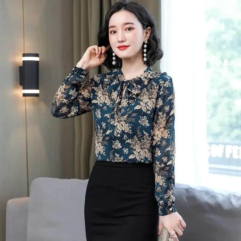 Floral Chiffon Blouse Spring Autumn New Long Sleeve Lacing Printing Plus Size Office Shirt Tops Vintage Elegant Women Clothing