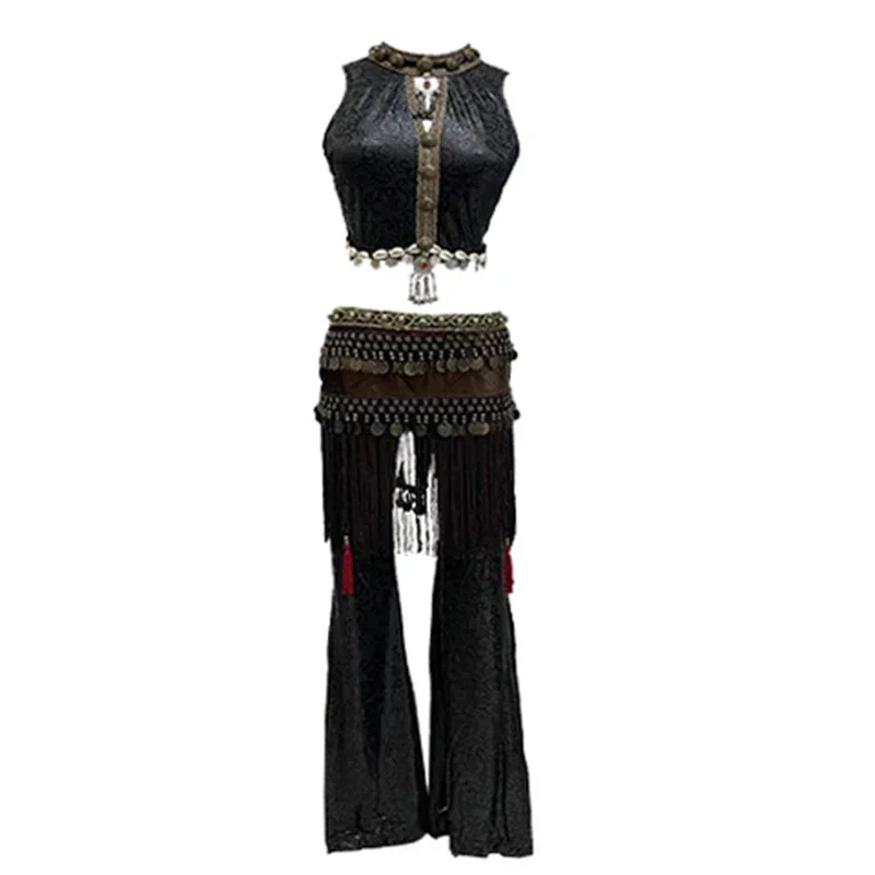 Ensemble de olympiques de danse du ventre tribal, tenue de festival, pièces de monnaie, écharpe de hanche, pantalon, haut encolure haute présidence, ethnique, 3 pièces