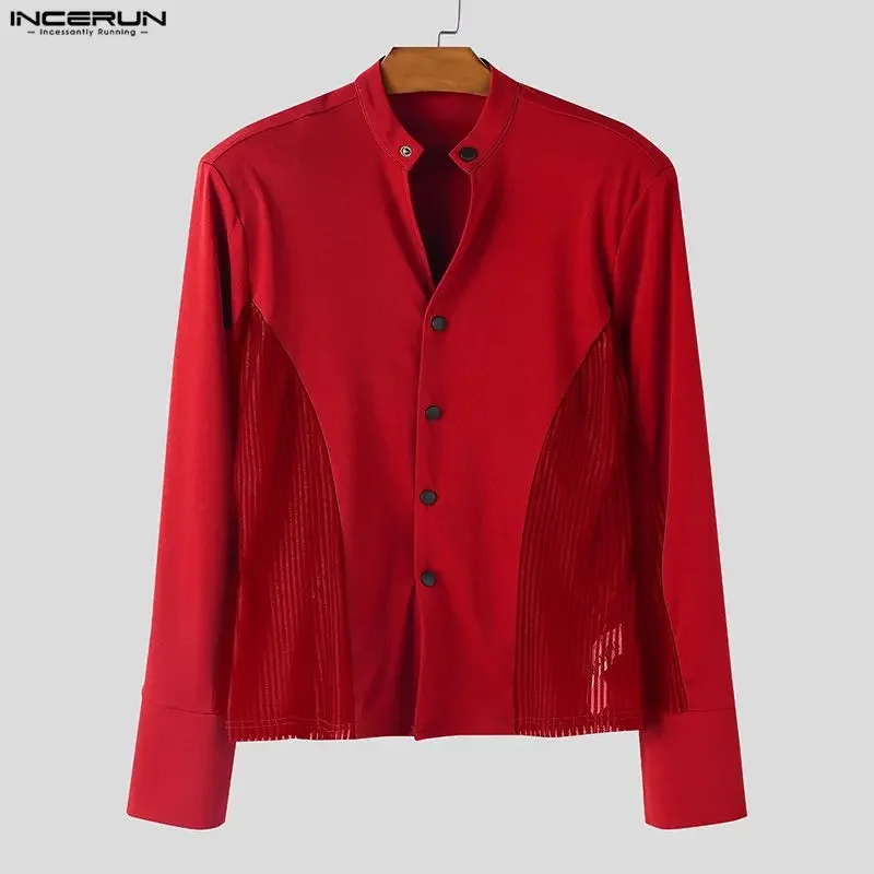 INCERUN Men Shirt Mesh Patchwork See Through Stand Collar Long Sleeve Men Clothing 2026 Sexy Fashion Casual Camisas Tops S-5XL