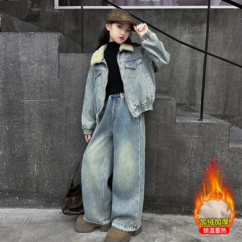 Girls Winter Korean Denim Set 2024 New Thick and Fleece Cold Warm Denim Set Coat and Pants Two-piece Set Clothes Fashion image 2