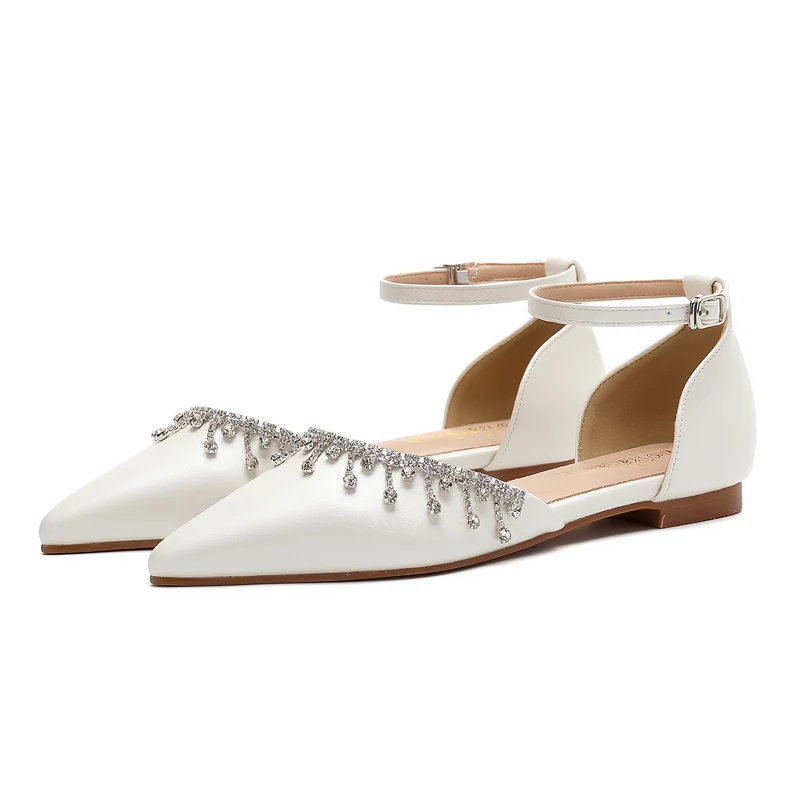 Summer Lady Banquet New Women\'s Shoes Back Strap Pointed Rhinestone Low-Front Cover Foot Flattie Casual Shallow Simple Sandals