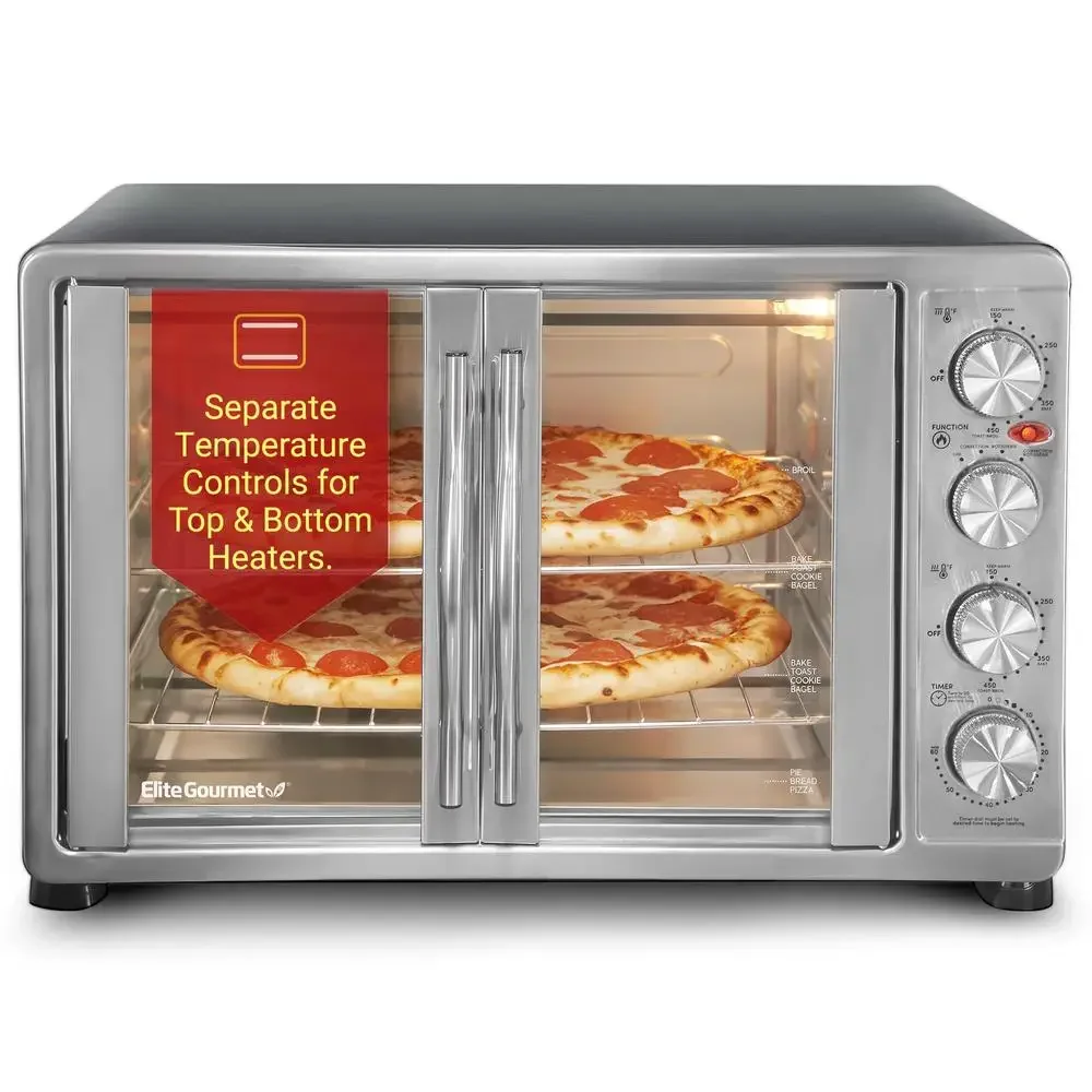 Forno a convezione per porta francese 47,5 Qt 18 fette Cottura alla griglia Toast Girarrosto Timer 4 manopole di controllo Acciaio inossidabile Facile da pulire