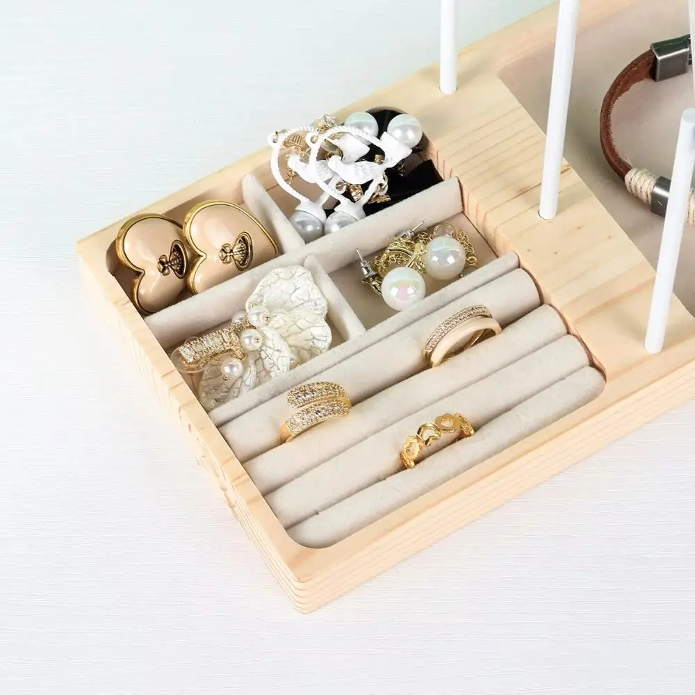 

Simple Wood Necklace Holder Organizer Space Saving Sectioned Design Jewelry Rack Stand Earrings Bracelets T-shape