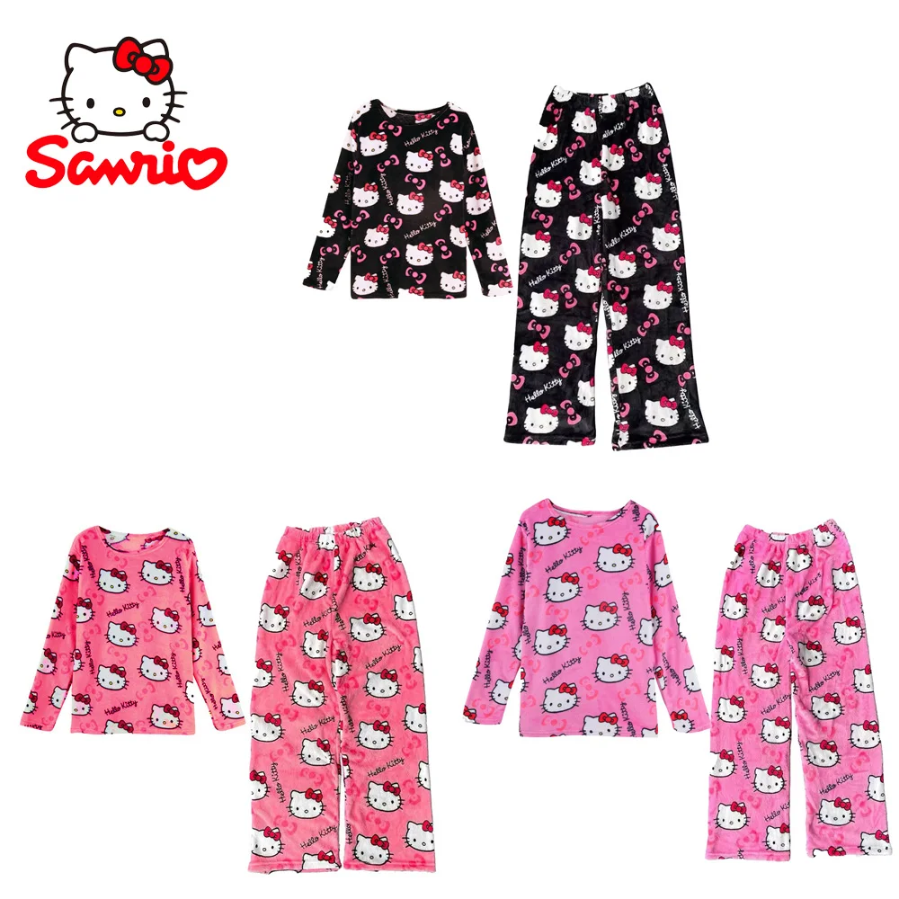 Sanrio Hello Kitty Flannel Pajama Suit Cartoon Kitty Cat Thicken Casual Winter Pajamas Household Clothes Warm Pajama Suits