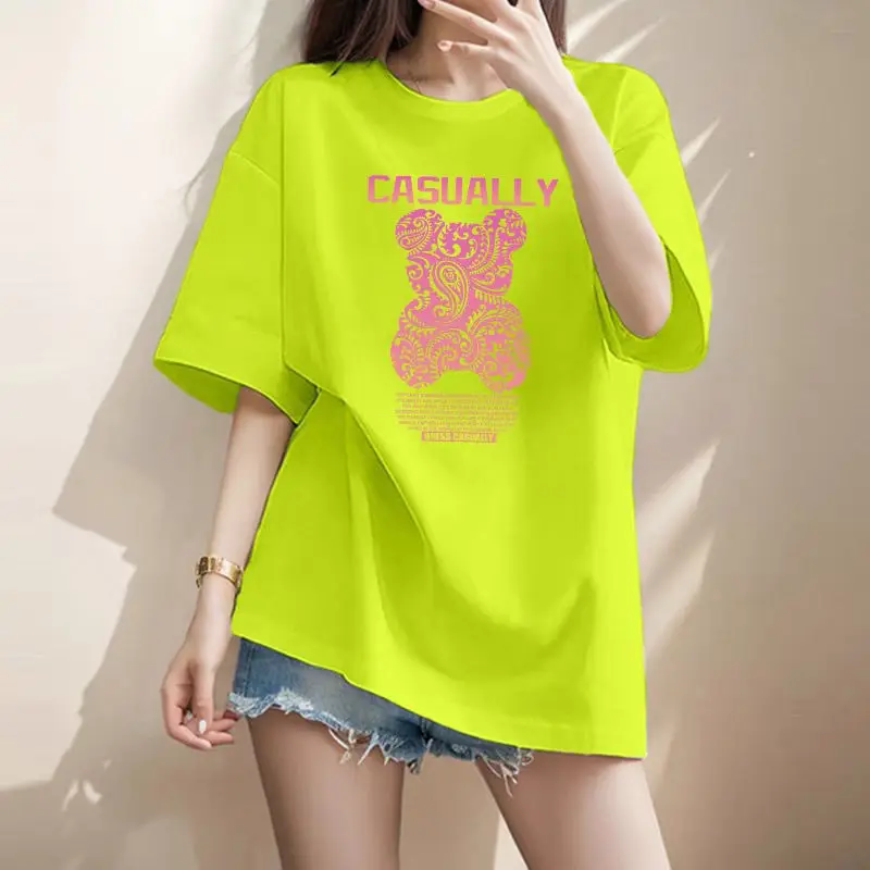 Women Clothing American Style Pure Cotton Basic T-shirt Summer Casual Loose Letter Print Top Tee Office Lady All-match Pullovers