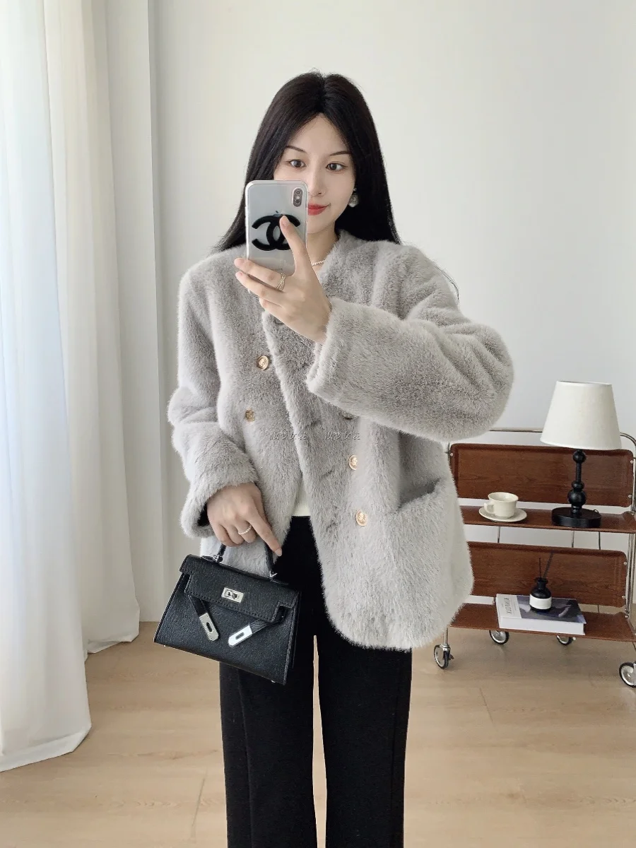 2024 New Double Breasted Solid Environmental Protection Mink Women's Coat Fur Outerwear Sable Fur Fashion Korean Series Outdoor