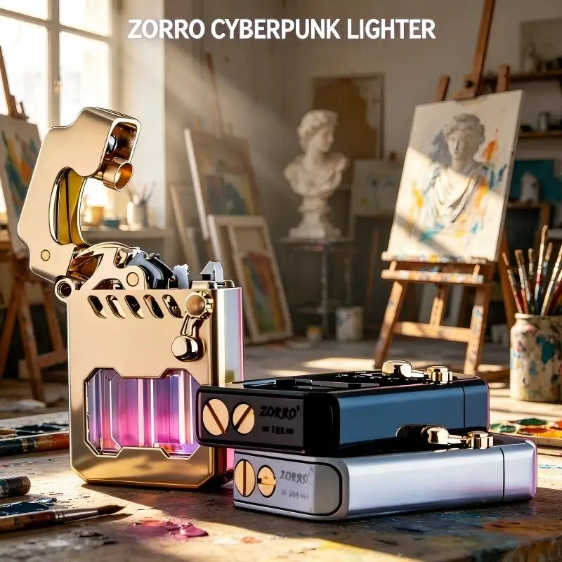 ZORRO Cyber Mechanical  Lighter, Windproof Metal Lighter With Mechanical Rocker & Transparent Visible Fuel Tank, Trendy