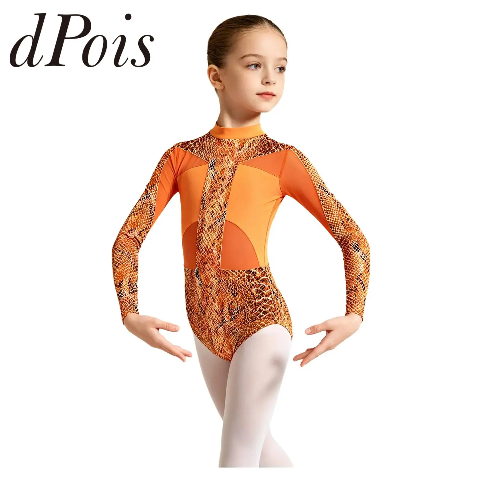 Girl's Ice Skating Performance Leopard Leotard Children Ballet Dance Jumpsuit Printed Long Sleeves Rhythmic Gymnastic Leotard
