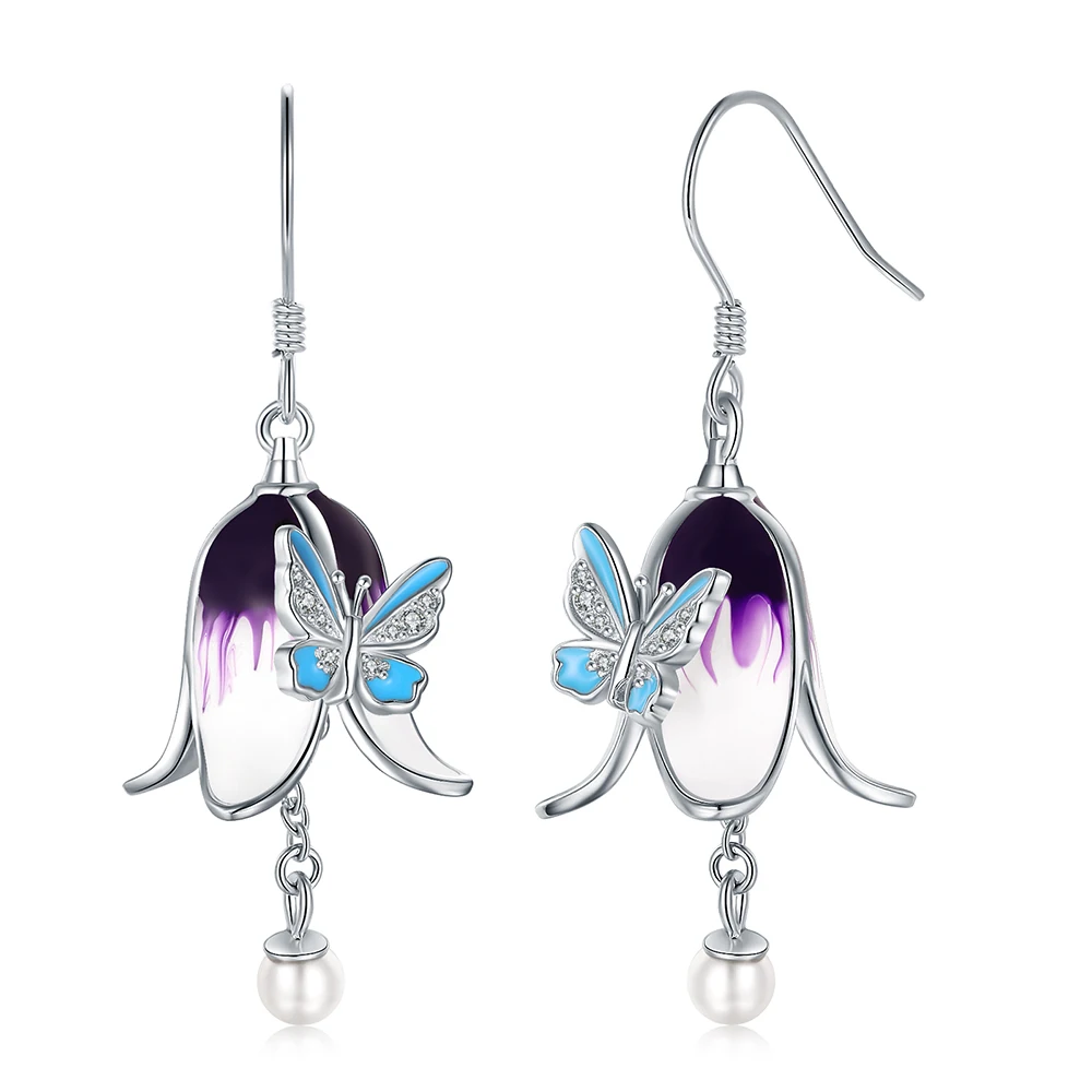 Boucles d'oreilles pendantes en argent regardé 925 pour femmes et filles, fleur de cloche violette, papillon floral, perles d'eau douce, bijoux cadeaux