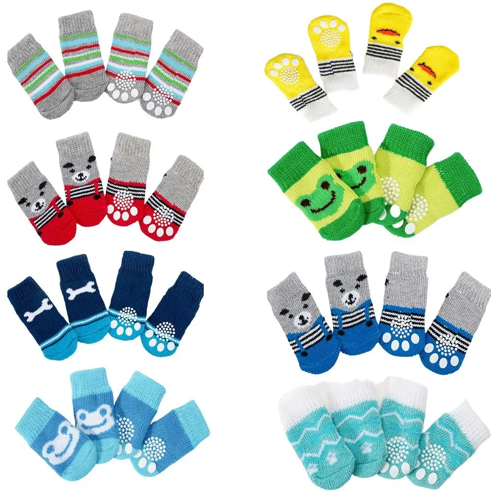 4Pcs Pet Cat Dog Floor Anti-slip Socks Autumn Winter Warm Soft Wool Socks Pet Kitten Puppy Anti-freeze Feet Paw Protector Socks