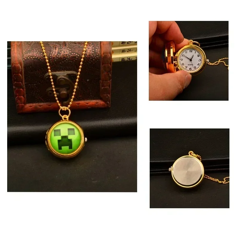 Minecraft Watches Quartz Pendant Necklace Creeper Golden Rotatable Pocket Clock Numerals Analog Display for Watches Gift Toy