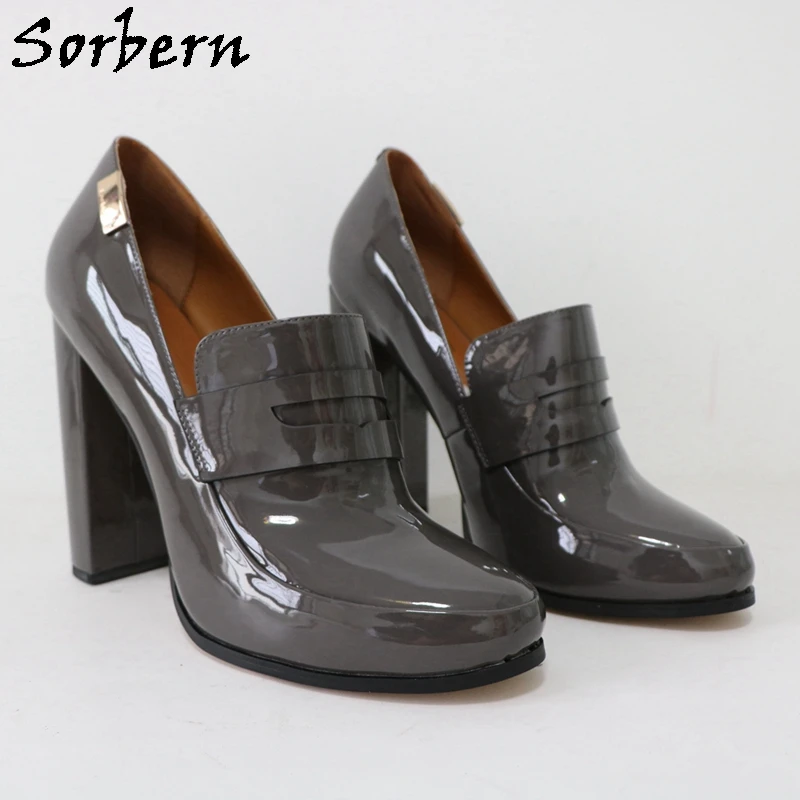 Sorber Grey Shiny Women Pump Shoes Unisex Block tacco alto EU48 punta tonda Slip On Chunky Heeled Fetish colori personalizzati