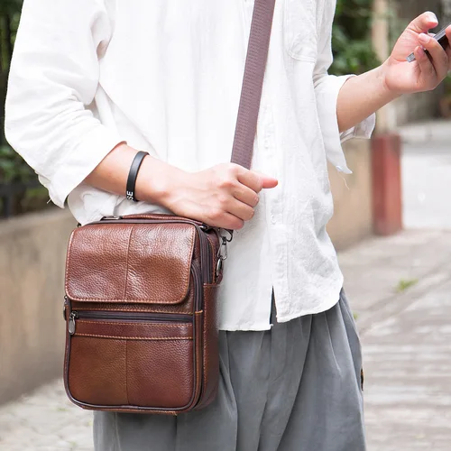 Imagen 2 del producto Bolso cruzado vertical de cuero genuino para hombre, bolso de un solo hombro de piel de vaca, bolso informal de negocios y moderno para mensajes de alta calidad