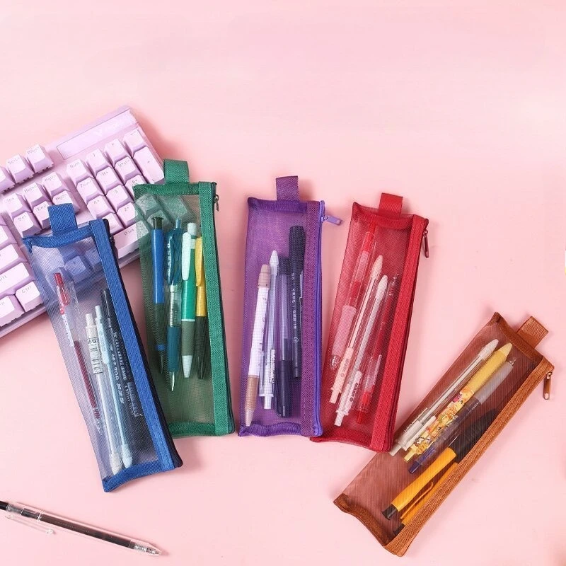 Vintage Color Mini Mesh Pencil Case Portable Zipper Cosmetic Bag for Students Exam Essentials Pencils Ruler Organizer