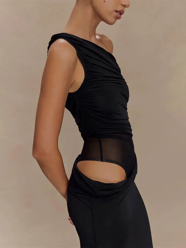 Um ombro slinky sexy maxi vestido feminino verão moda sem costas sem mangas split clube festa vestido longo elegante