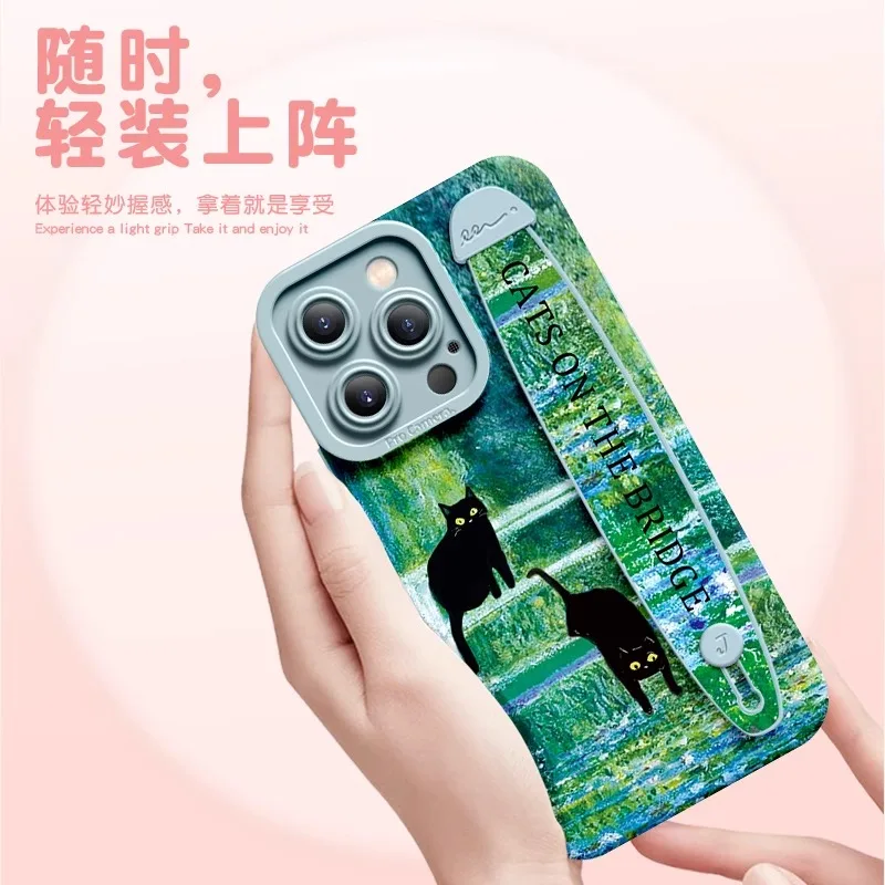 Deluxe Wrist Band Bracket Case For iphone 15 14 13 12 11 Pro Max X XR Xs Silicone Cell Phone Protective Cover Water Lily Cat