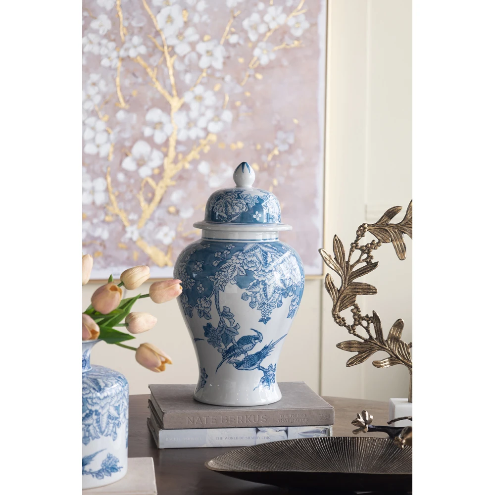 D8.3x15.2 Inch Classic Blue White Porcelain Ginger Jar, Exquisite Hand Painted Flower & Bird Pattern Decor Vase for Home Living Room Tabletop Display