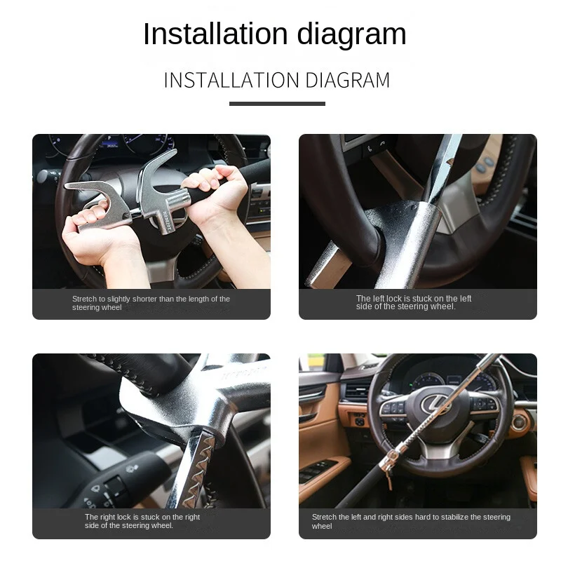 Car Steering Wheel Lock Anti-Theft Car Device Universal Fit Adjustable Length Clamp Double Hook Retractable Steering Lock With