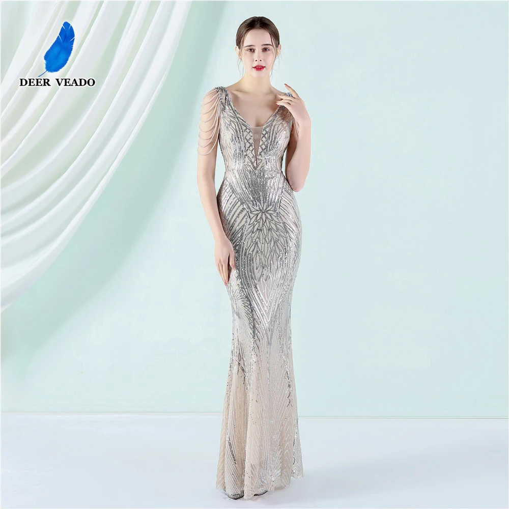 

DEERVEADO Mermaid Deep V Neck Sequined Evening Dresses Long Women's Luxury Formal Dress with Beads Chic Party Maxi Dress