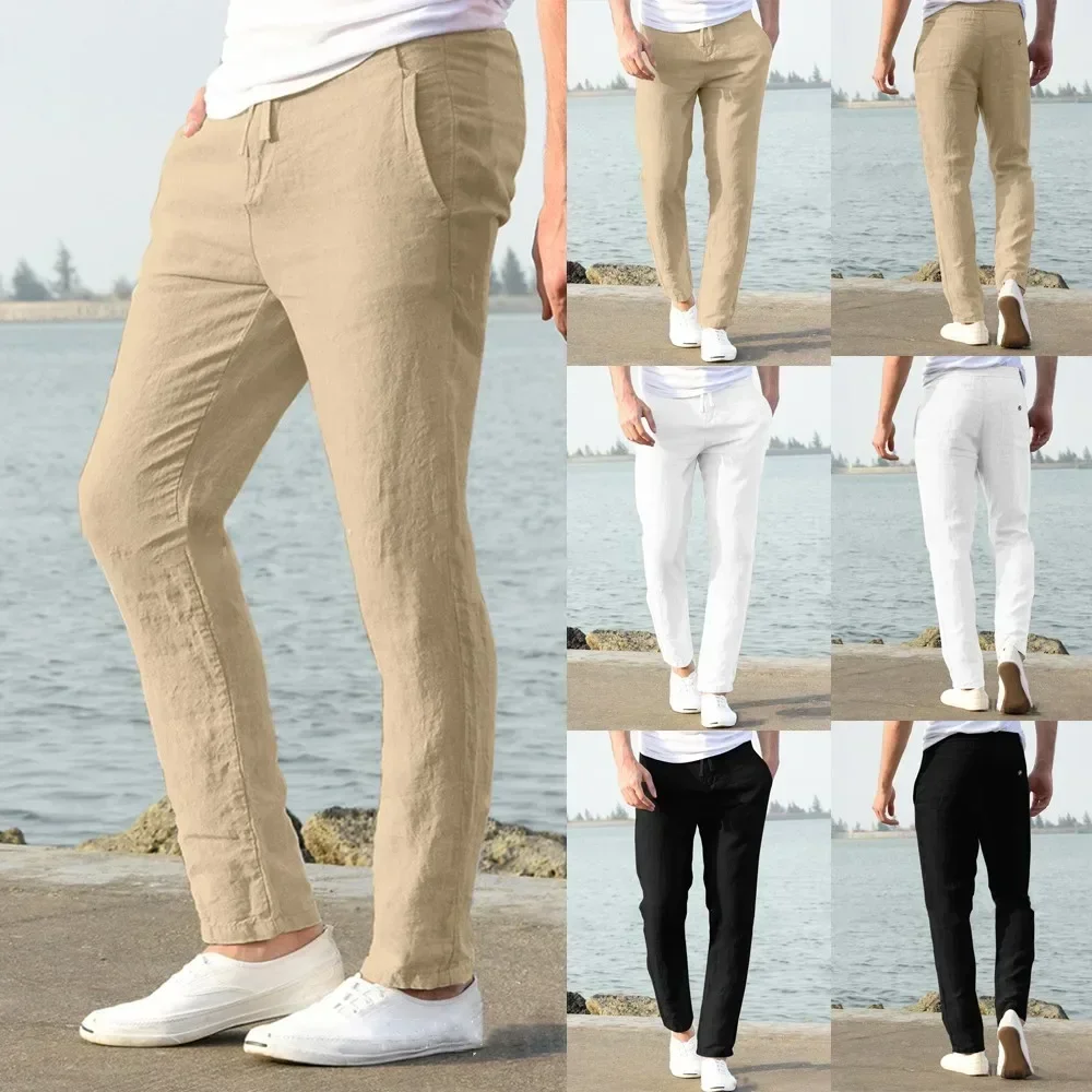 

Mens Casual Linen Breathable Loose Long Pants Solid Color Straight Trousers Slim Fitness Pant Male Bottoms