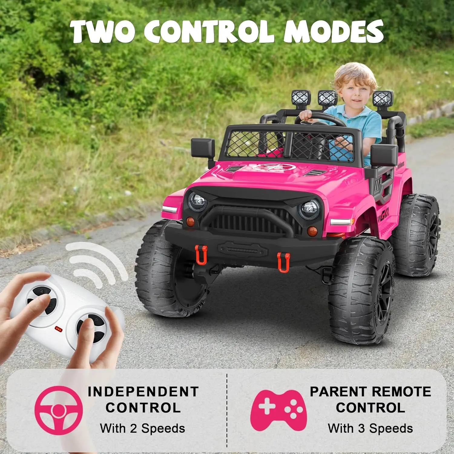 ركوب بمقعدين 24 فولت على شاحنة ألعاب مع إطارات EVA، محركات 4X200 وات، 4 ممتصات للصدمات، جهاز تحكم عن بعد 2.4 جيجا، راديو بلوتوث، مصباح أمامي LED