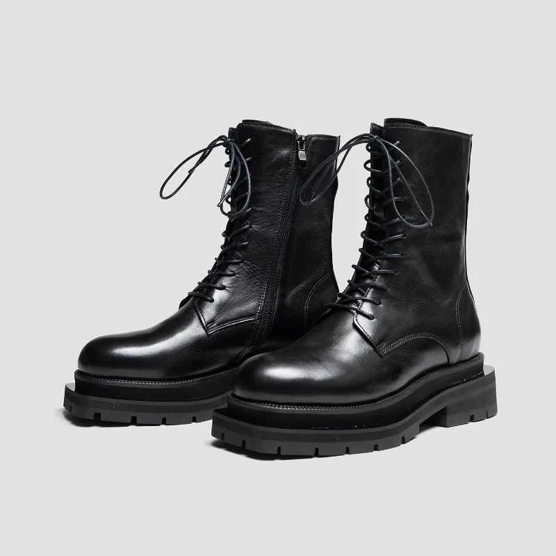 

Дизайнерские модные повседневные черные ботинки из воловьей кожи, мужская обувь до середины икры, увеличивающие рост, мотоциклетные ботинки дерби, мужские ботинки «Челси»