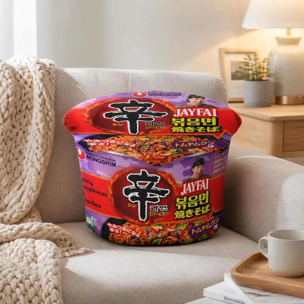 Spicy Ramen Noodle Cup Shaped Stuffed Throw Pillow Korean Food Cushion Novelty Home Decor Sofa Accent Asian Cuisine Gift