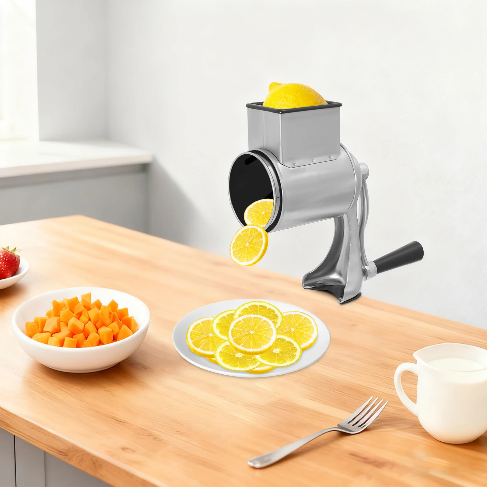 Stainless Steel Rotary Grater, Manual Drum Vegetable Slicer, 5 Interchangeable Blades, Safe Hand Crank Cutter for Potato Onion Carrot Salad