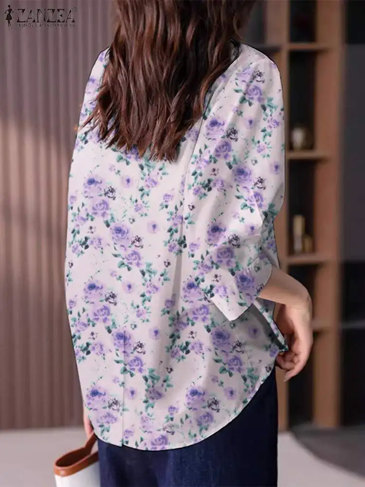 ZANZEA 2024 Women Summer Shirt Lapel Neck 3/4 Sleeve Blouse Elegant Floral Printed Tops Casual Bohemian Party Work Blusas Mujer