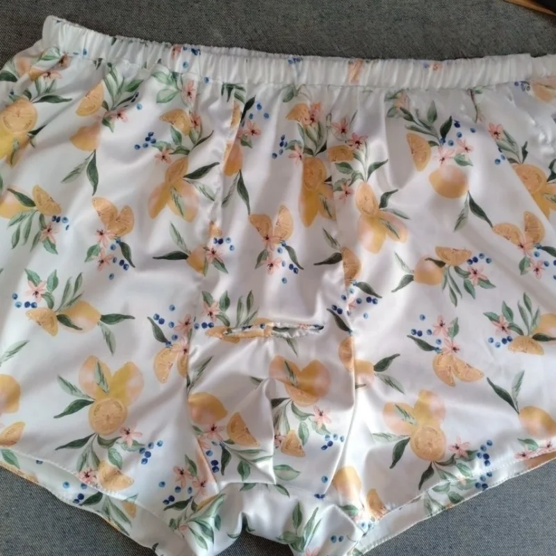 

Handmade Sexy Men's Satin Boxer Briefs Sissy Flower Print Built-in Sheath Panties Soft Comfort Smooth Underwear Plus Size Panty