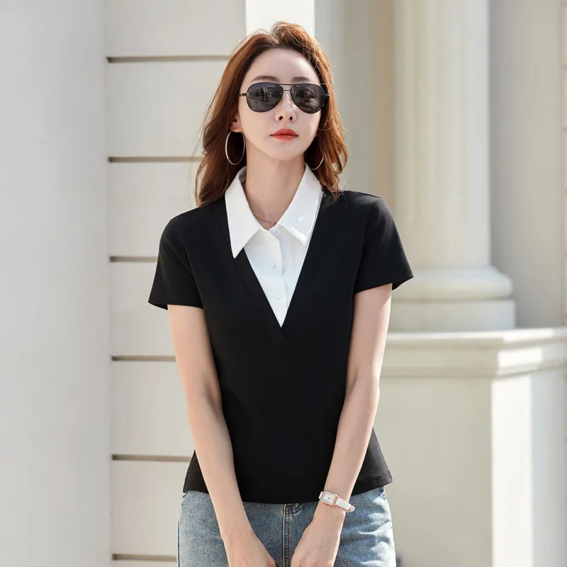 # 0262 Schwarz Blau Grau Kurzarm T-Shirt Damen Umlegekragen Stretch-Baumwolle Falsches Zweiteiler-T-Shirt Weibliches Schlankes Büro-Tee