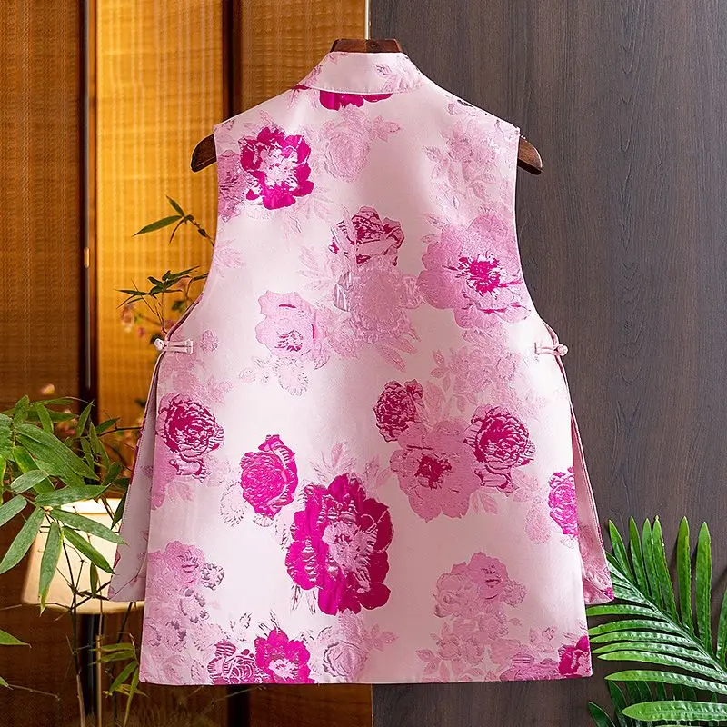 2025 chinese vest for women new  oriental style buckle bright silk jacquard pocket vest on the outside women daily pink vest