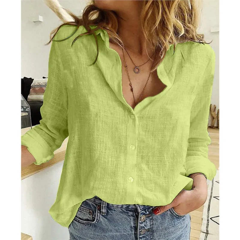 Women\'s New Cotton And Linen Shirt, Retro Solid Color Top, Lapel Long Sleeved Casual Versatile Yellow Single Row Button Cardigan