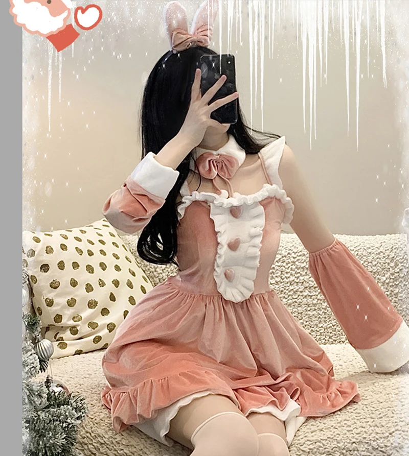 Lolita Maid Christmas Velvet Dress Red Pink Ladies Santa Claus Cosplay Costume Bunny Girl Uniform Faux Fur Ruffle Party Dresses