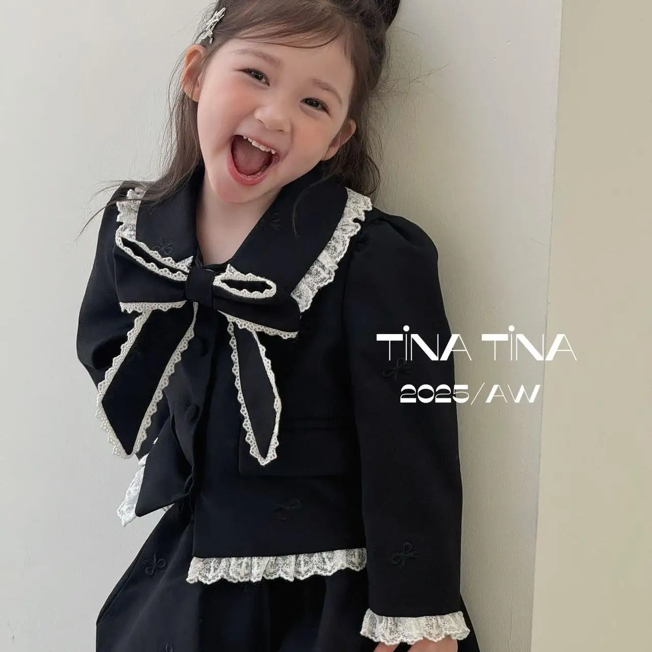 

SeasonSea Korean Fashion Top Girls Black Lace Bow Jacket Spring Autumn Kids Sweet Princess Coat French Style Lace Trim Ruffle