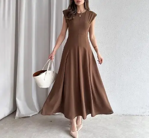 

Summer New Solid Color Round Neck Lace Up Casual Dress for Women, Elegant Temperament, Slim Fit A-Line Sleeveless Dress