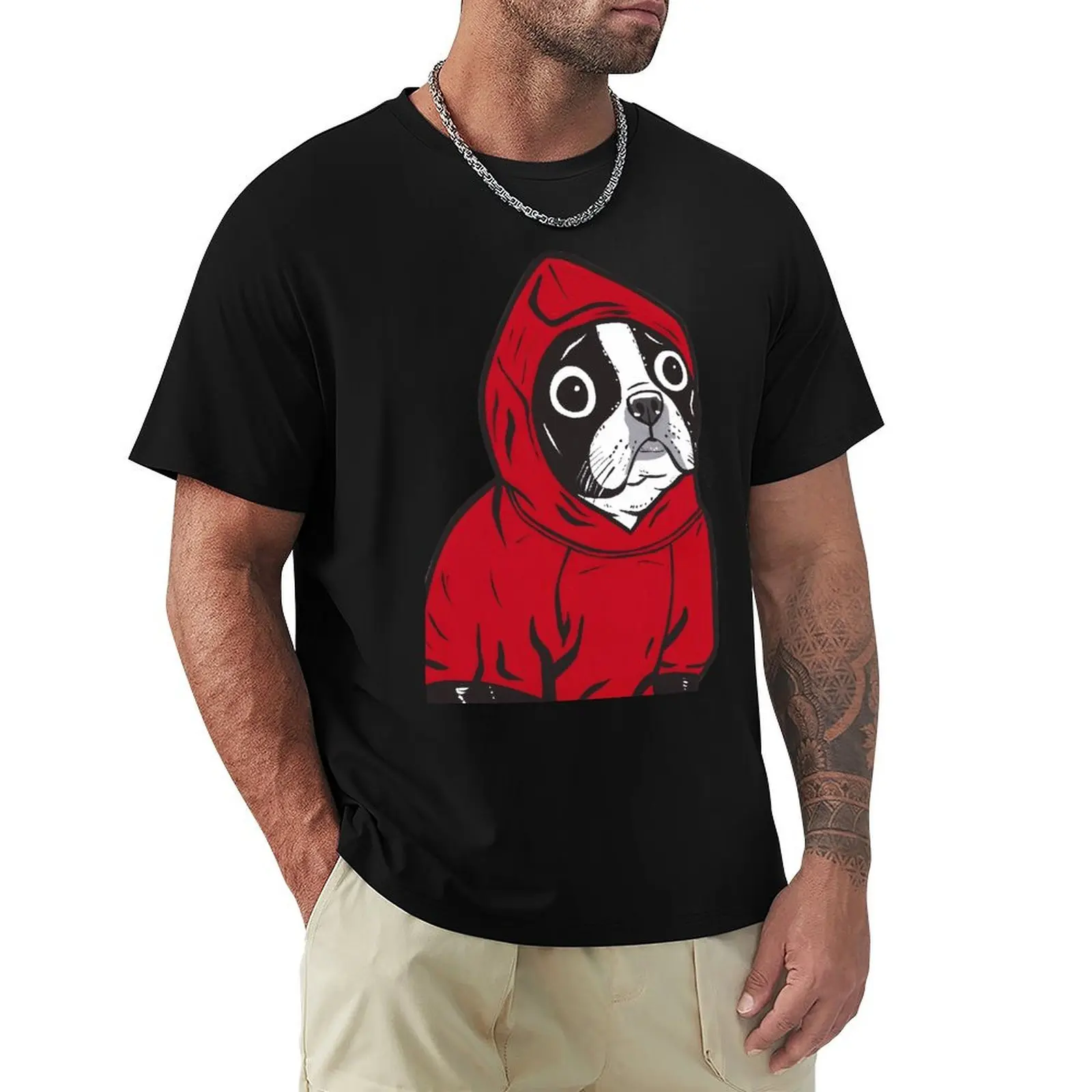 

Funny Boston Terrier In A Red Hoodie French Bulldog T-Shirt Men O Neck Pure Cotton T Shirts Funny Dogs Tees Clothing