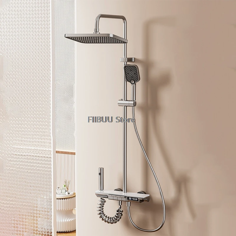 

Digital Display Shower System with Spray Gun Modern Cold Hot Household Shower Head Piano Keys Shower Sets Bathroom Accessories
